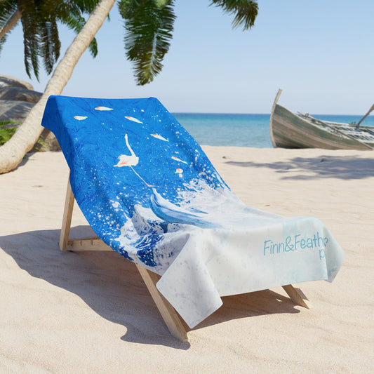Beach Towel, Finn & Feathers watching flying fish, dolphin, flamingo, ocean, fish, sailing, pool, water sports