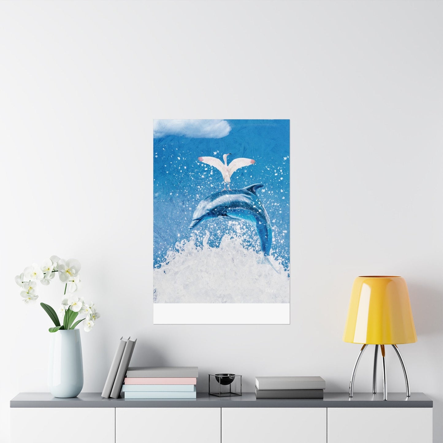 Square Matte Vertical Posters, Finn & Feathers Go Surfing, Dorm Rooms, College, office, airbnb, beach house, bathroom, dolphin, flamingo