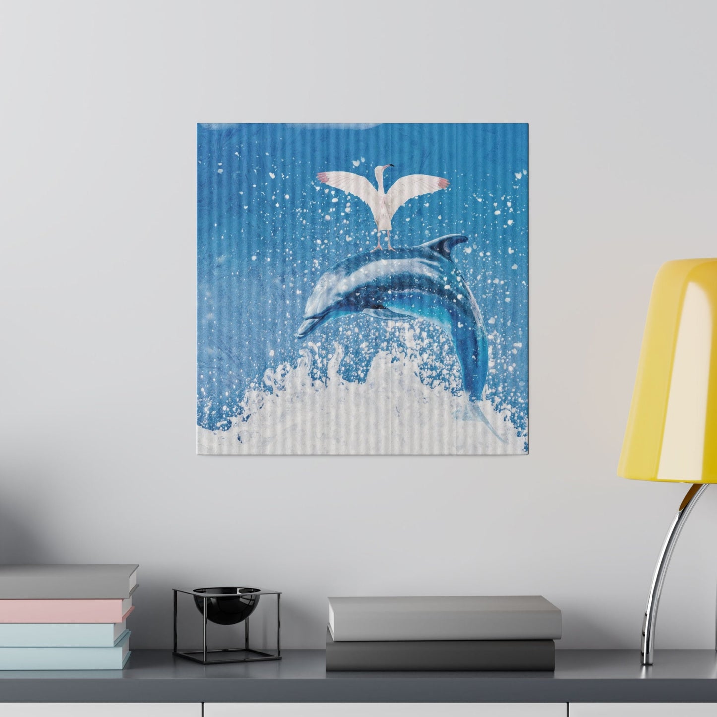 Square Matte Canvas, Stretched, 0.75", Finn & Feathers Go Surfing, beach house, home, lanai, dorm room, gift, wall art, dolphin, flamingo