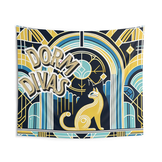 Dorm Divas art deco Indoor Wall Tapestries, golds, blues, blacks, cat, perfect for a dorm room